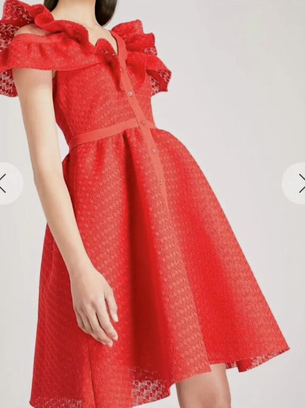 Maje Red Ruffled Off-Shoulder Midi Dress